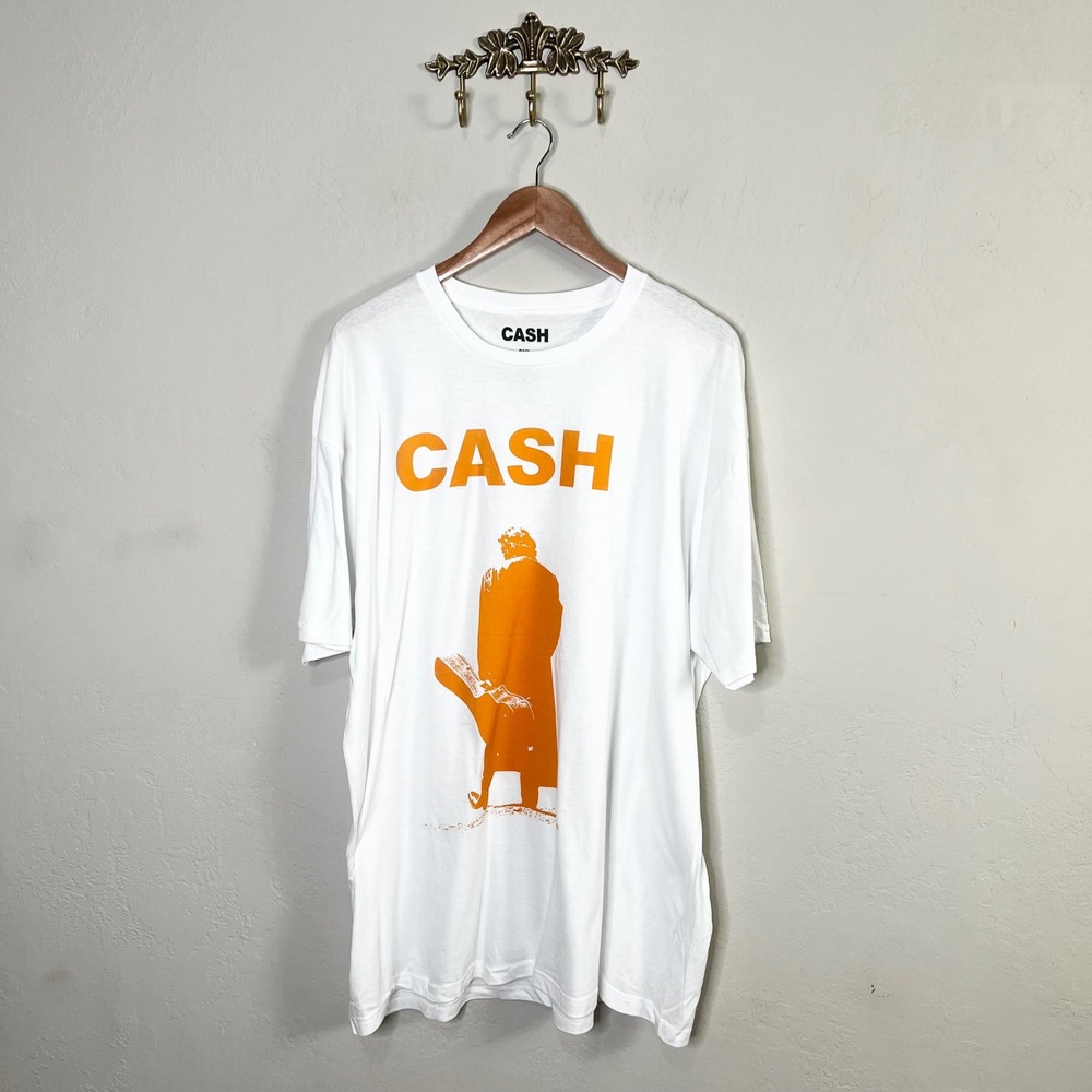 Johnny Cash Graphic T Shirt White‎ Orange Men's 2XL 100% Cotton Short Sleeve